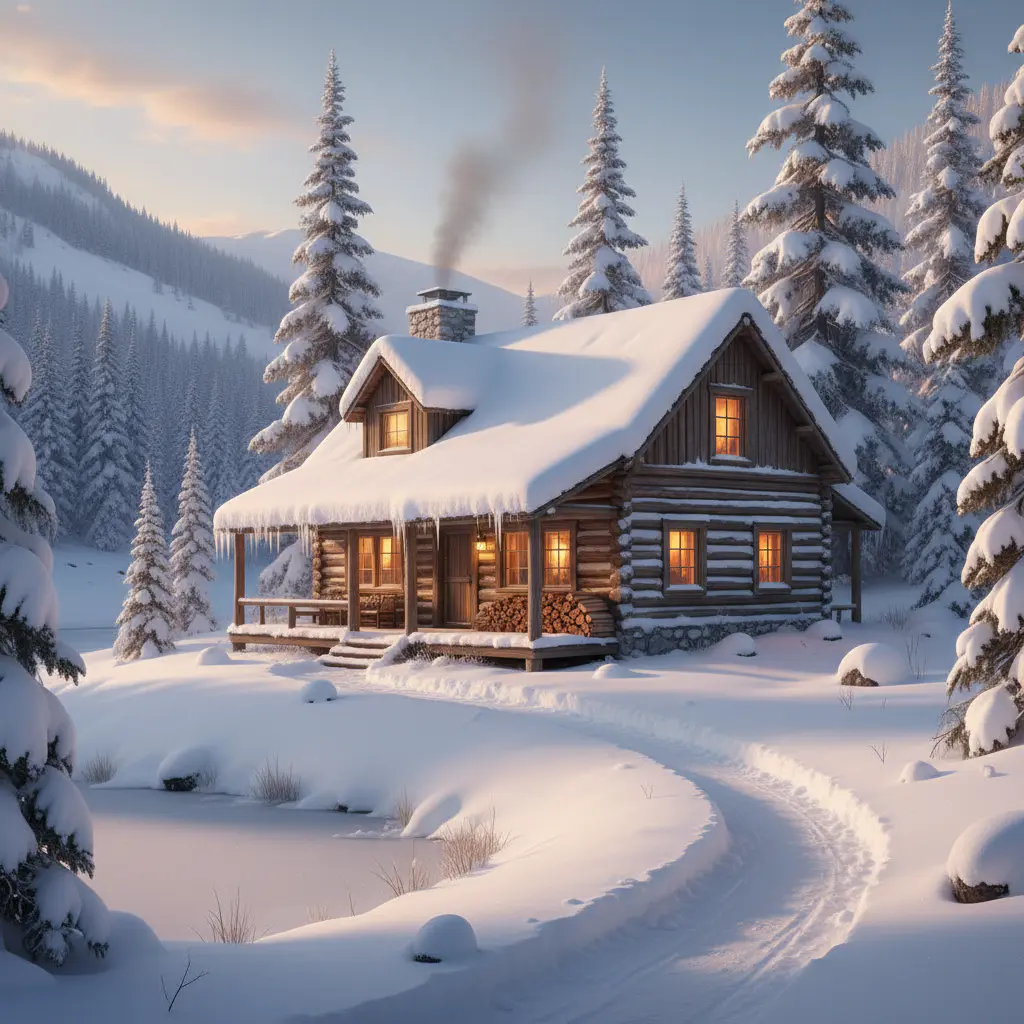 Rustic cabin surrounded by snow