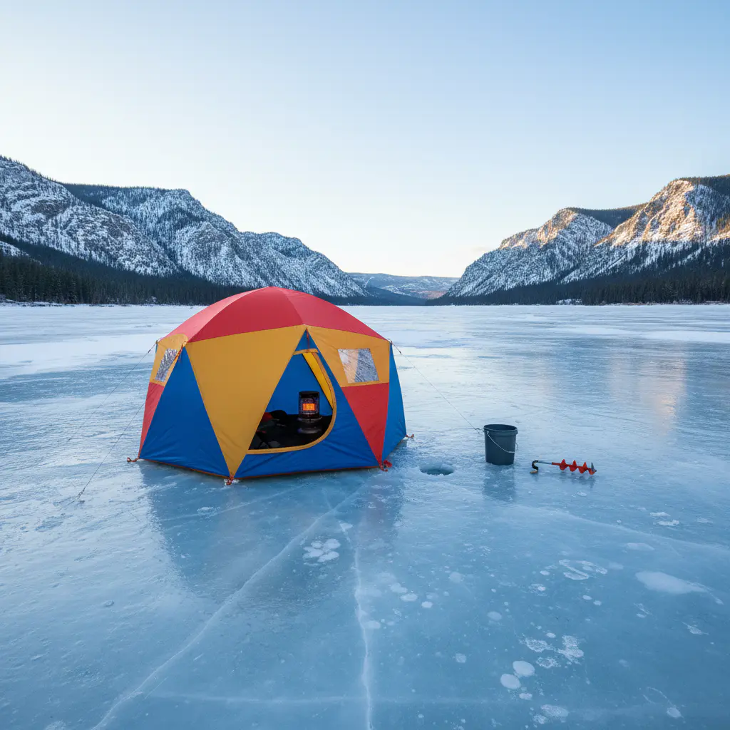 Ice fishing tent on river