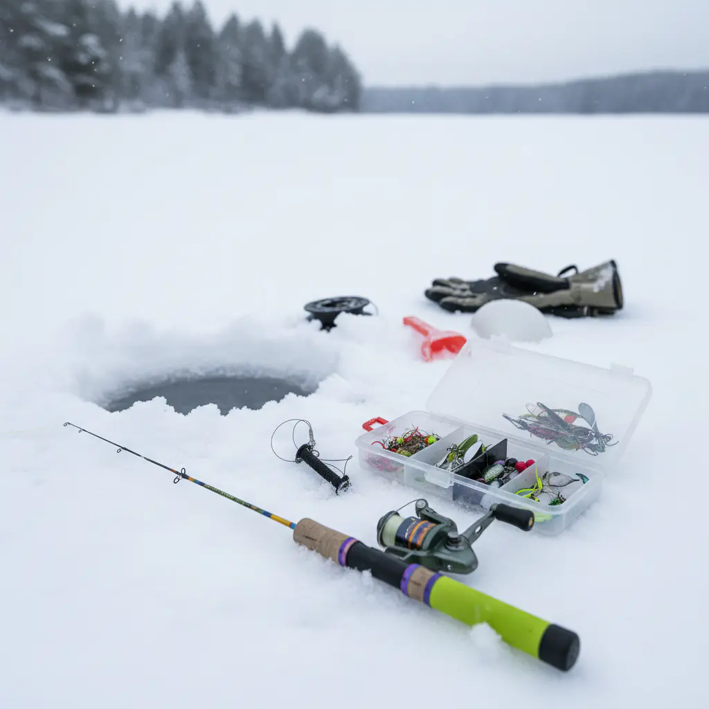 Close-up of ice fishing gear on snow