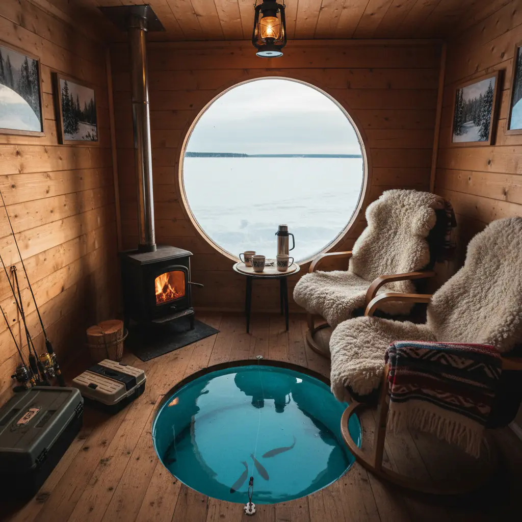 Cozy interior of ice fishing cabin