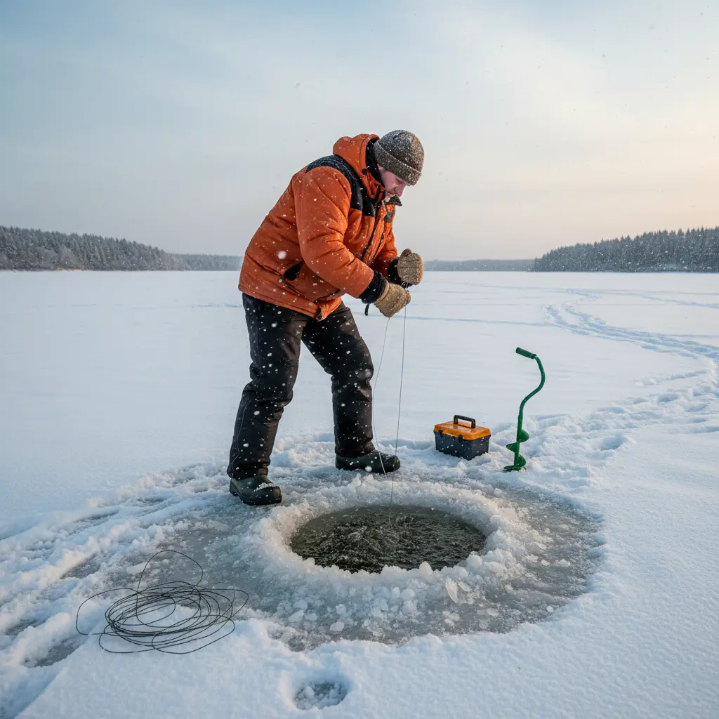 Fisherman pulling line from ice hole